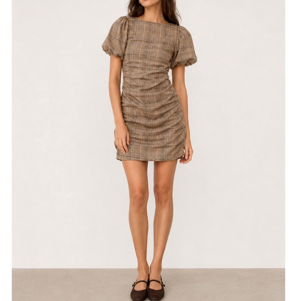 Revolve Majorelle Plaid Mini Dress Brown Autumn Prep Coquette Puff Sleeve-XS
